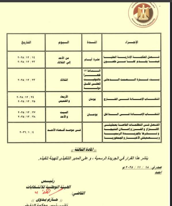أخبار مصر - الوطنية للانتخابات تعلن الجدول الزمني لإعادة التصويت في 19 دائرة بعد إلغاء نتائجها| صور