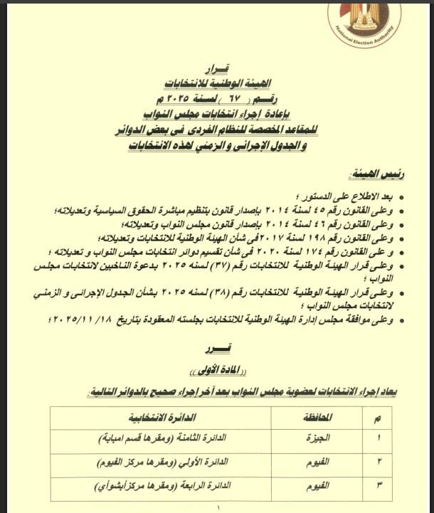 الوطنية للانتخابات تعلن الجدول الزمني لإعادة التصويت في 19 دائرة بعد إلغاء نتائجها| صور أخبار مصر - الوطنية للانتخابات تعلن الجدول الزمني لإعادة التصويت في 19 دائرة بعد إلغاء نتائجها| صور