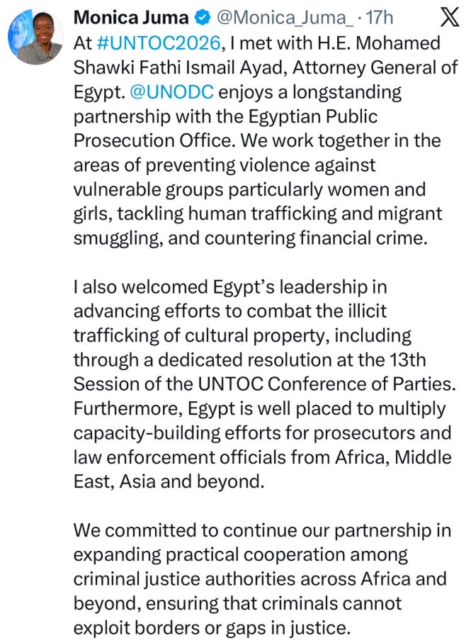 أخبار مصر - المديرة التنفيذية لمكتب الأمم المتحدة المعني بالمخدرات والجريمة تشيد بالدور المصري في مكافحة الجريمة المنظمة